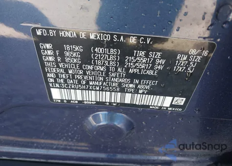 2016 Honda Hr-V Ex-L z USA, uszkodzony, nr VIN 3CZRU5H7XGM756558